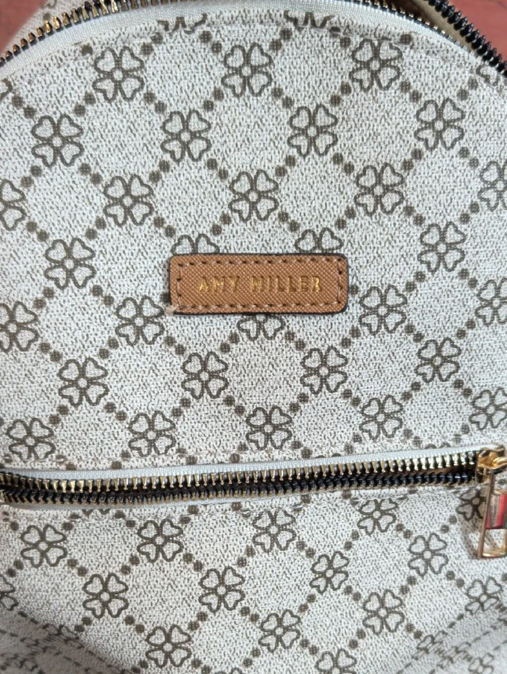 Cream Patterned Mini Backpack with Tan Trim